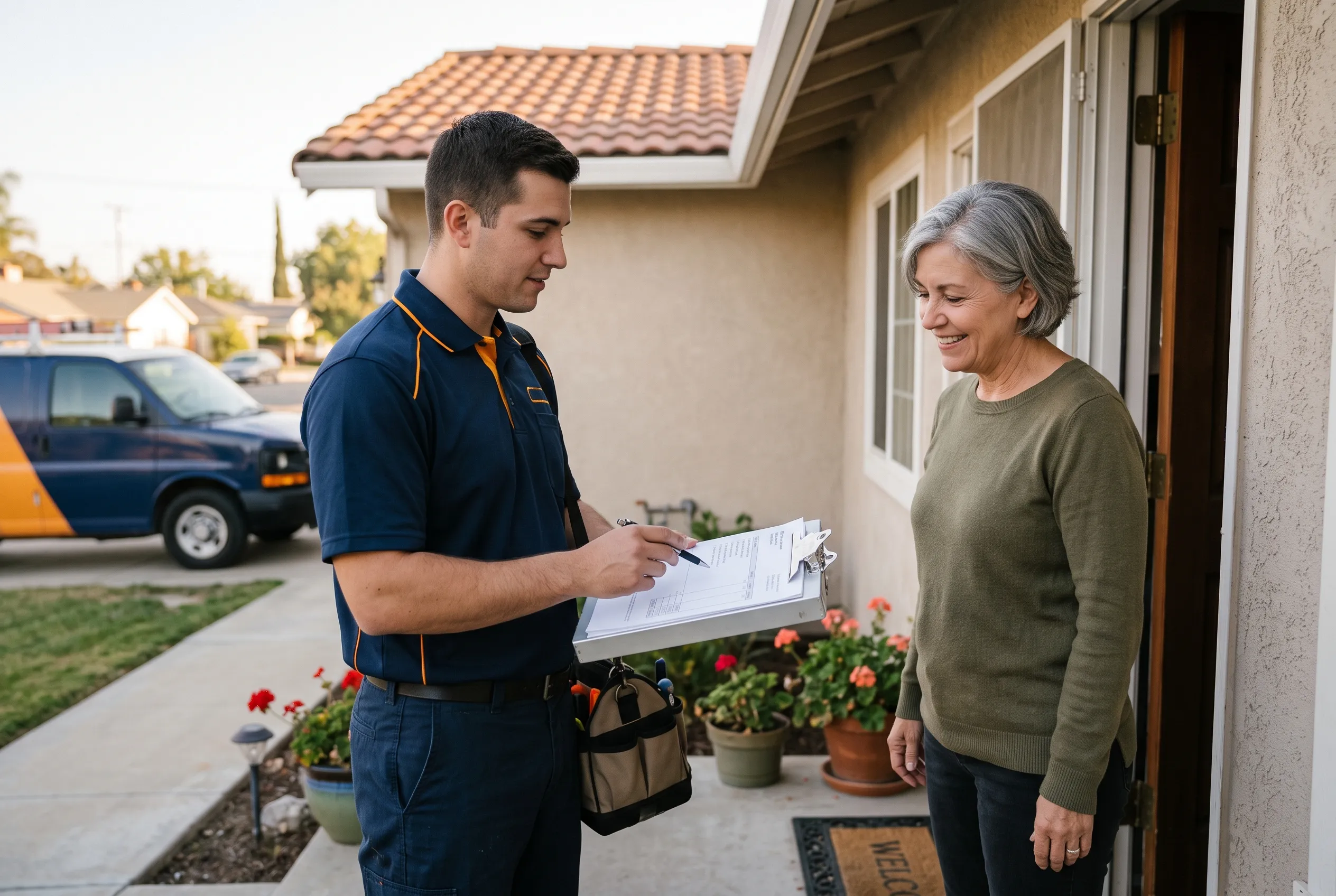 Local plumber at a customer's door in Tulare, delivering a written estimate