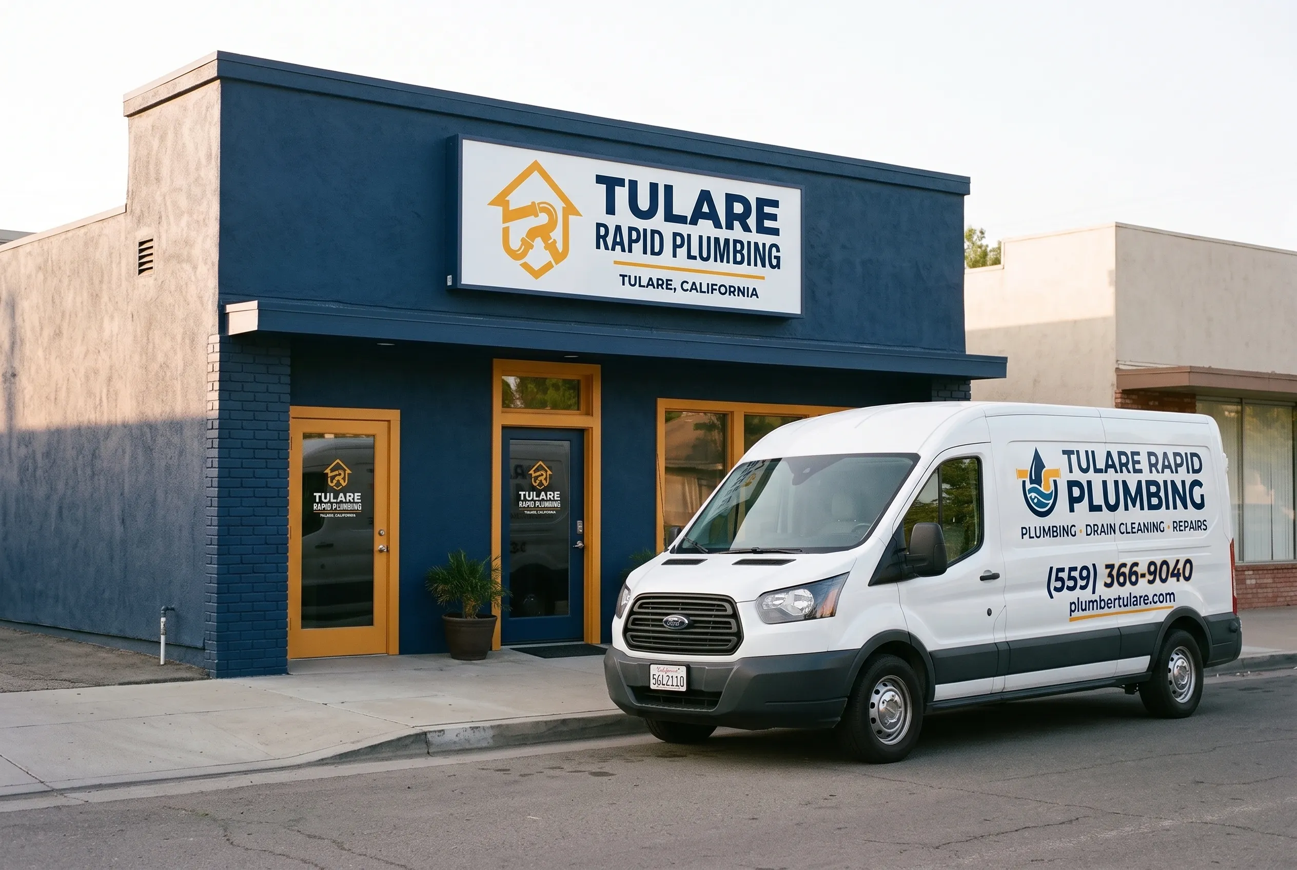 Tulare Rapid Plumbing shop exterior with service truck parked out front