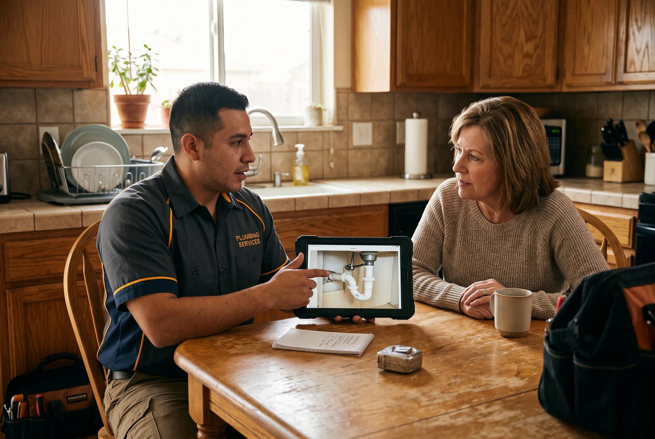 Plumber explaining drain camera findings to a Tulare homeowner at the kitchen table