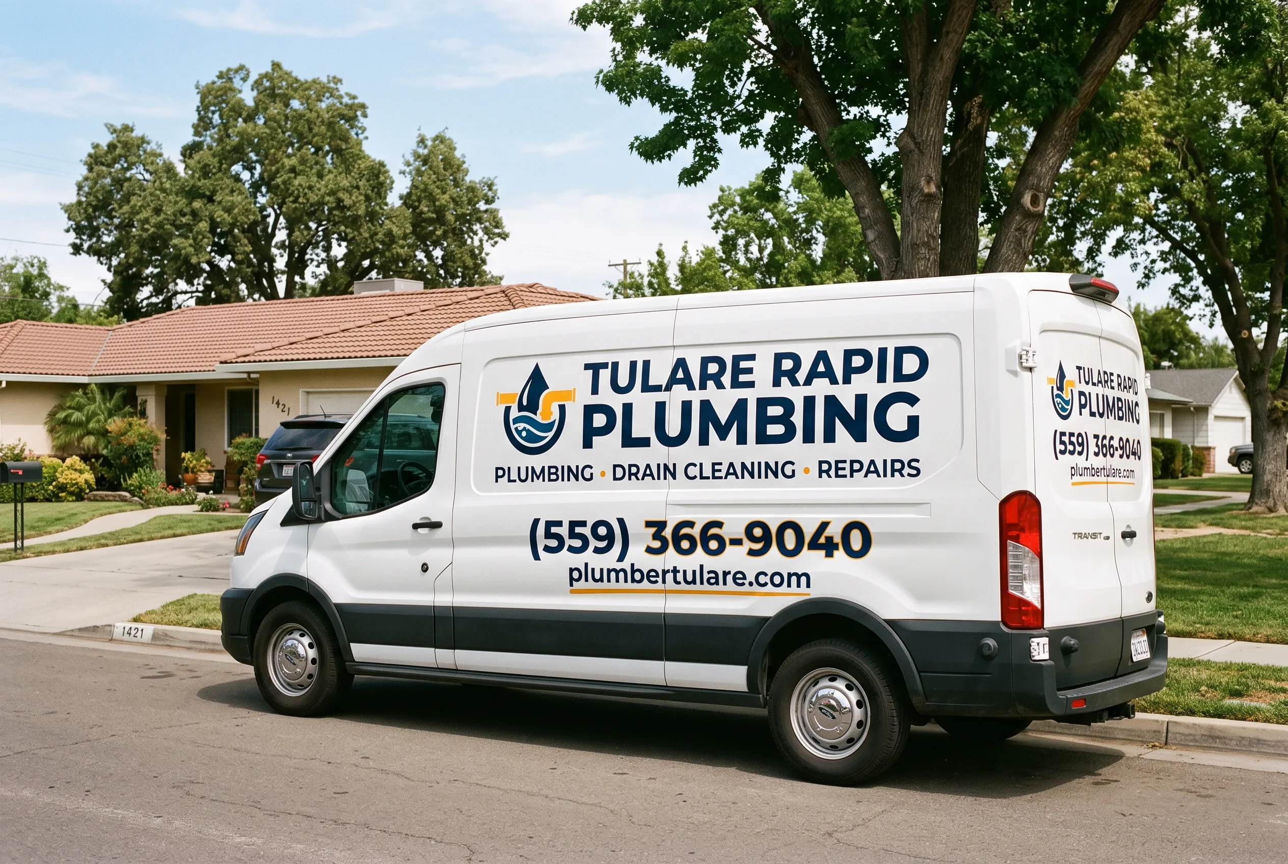 Plumbing service van in Tipton, CA neighborhood