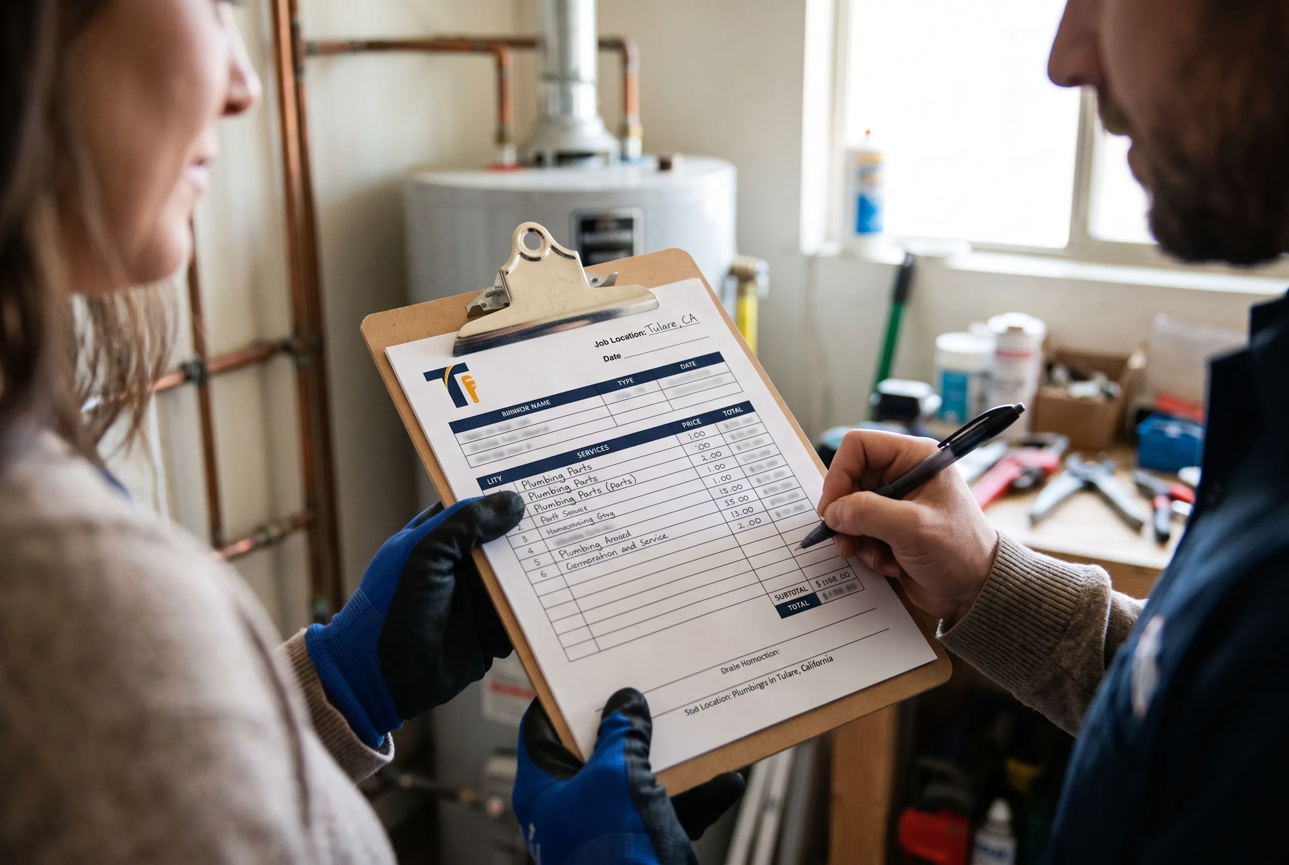 Upfront pricing quote on a clipboard for water heater repair